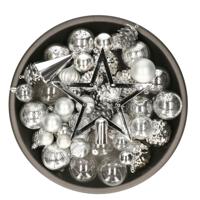 Decoris kerstballen, ornamenten en piek set - 60-delig - zilver - kunststof