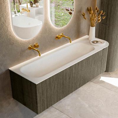 Badmeubel Mondiaz Kurve | 145 cm cm | Meubelkleur Shadow | Wastafelkleur Talc | Solid surface | Wasbak links zijde spoelbak | Zonder kraangat(en)
