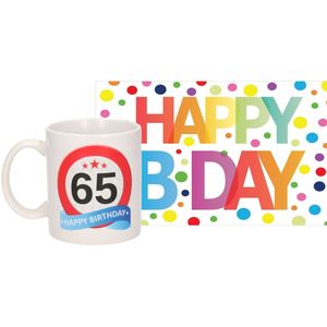 Verjaardag cadeau mok/beker 65 jaar print 300 ml + A5-size wenskaart Happy Birthday