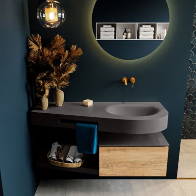 MONDIAZ RIVA 120cm badmeubel onderkast / planchet kleur Washed_Oak met 1 lade. Wastafel DULCET rechts 0 kraangaten kleur Dark_Grey.