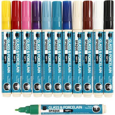 Creativ Company Glas- en porseleinstift, lijndikte 2-4 mm, dekkend, diverse kleuren, 12 stuk/ 1 doos