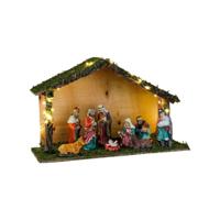 HI Verlichte kerststal - porselein/mos/hout - 40 x 16 x 26 cm - incl. 9 beeldjes/figuren