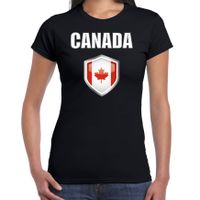 Canada landen supporter t-shirt met Canadese vlag schild zwart dames - thumbnail