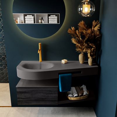 MONDIAZ RIVA 120cm badmeubel onderkast / planchet kleur Antracite met 1 lade. Wastafel DULCET links 1 kraangat kleur Dark_Grey.