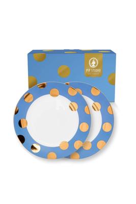 Pip Studio Set/2 Ontbijtborden Dot Delight Lichtblauw/Goud 23cm