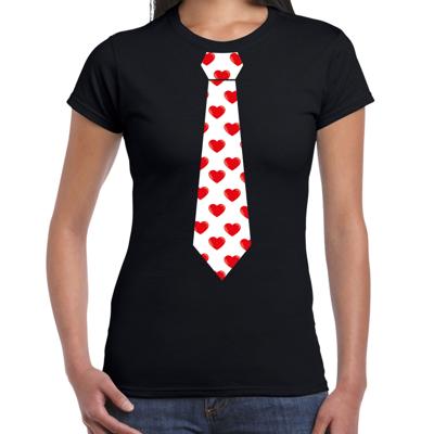 Valentijnsdag stropdas t-shirt - met rode hartjes - voor dames - zwart