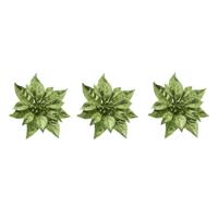 Decoratie bloem - 4x stuks - kerstster - op clip - groen - glitter -18 cm - kunststof - kerstversier