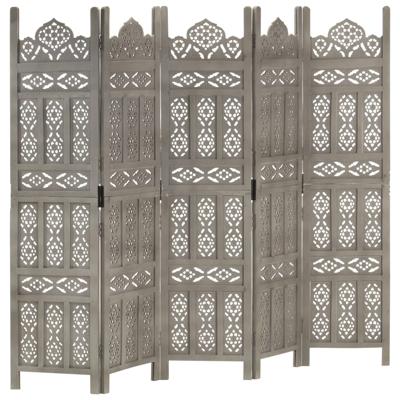 Kamerscherm 5 panelen handgesneden 200x165 cm mangohout grijs