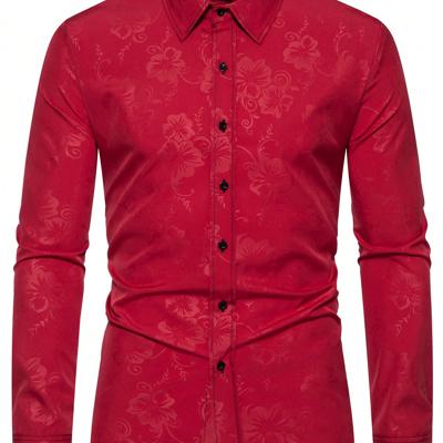 Bon&Bon Men's Black Floral Jacquard Slim Fit Long Sleeve Button Up Shirt Red / S