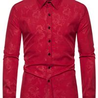 Bon&Bon Men's Black Floral Jacquard Slim Fit Long Sleeve Button Up Shirt Red / S
