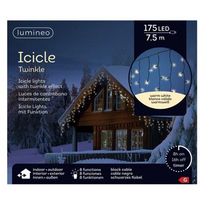 Ijspegelverlichting - 175 led lampjes - warm wit - 750 cm- zwart snoer - 8 functies -lichtsnoer