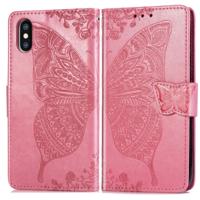 Vlinder liefde bloemen reliëf horizontale Flip lederen case voor de iPhone X met houder & card slots & portemonnee & Lanyard (roze)