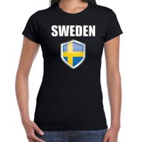 Zweden landen supporter t-shirt met Zweedse vlag schild zwart dames - thumbnail