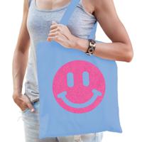 Cadeau tas voor dames - glitter smiley - blauw - katoen - 42 x 38 cm - Moederdag - verjaardag
