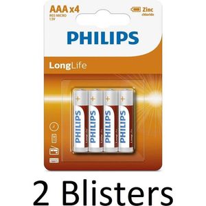 8 Stuks (2 Blisters a 4 st) Philips longlife AAA Batterijen