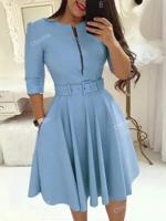 Purple Belted Midi Dress - Half Sleeve Zip Front A-Line Gown Baby Blue / M