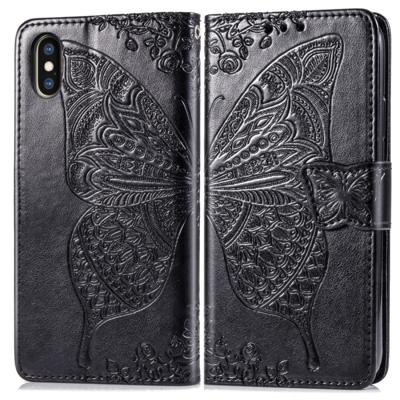 Butterfly Love bloemen reliëf horizontale Flip lederen case voor iPhone X met houder & kaartsleuven & portemonnee & Lanyard (zwart)