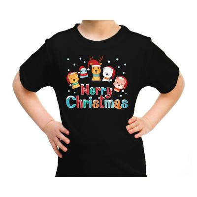 Kersttrui t-shirt - kinderen - dierenvriendjes - Merry christmas - zwart - kerstkleding