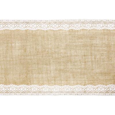 Jute tafelloper met wit kant - 28 x 275 cm - Thema antiek/romantisch