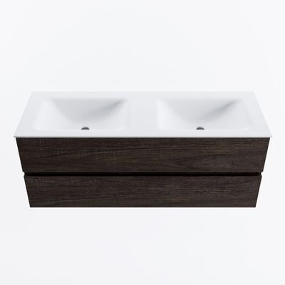 MONDIAZ VICA 130cm badmeubel onderkast Dark Brown 2 lades. Wastafel CLOUD dubbel 2 kraangaten, kleur Talc.