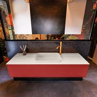 Badkamermeubelset Mondiaz Erin 150 cm met 1 Lade met RIDGE Wastafel Midden Linen met 1 kraangat Greeploos Mat Fire