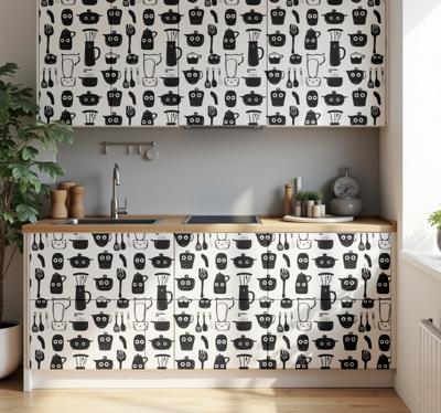 Getekende zwarte gebruiksvoorwerpen keuken muursticker