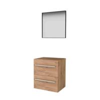 Basic-Line Framed 46 Badkamermeubelset - 60 x 46 cm - Met Grepen - 2 Lades - Wastafelblad - Spiegel met Zwart Aluminium Frame - Whisky Oak