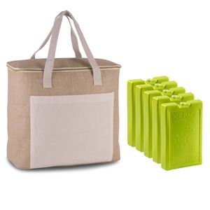 Grote koeltas jute/canvas 20 liter en 38 x 32 x 16 cm met 5x stuks koelelementen groen