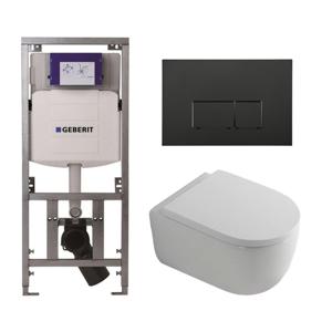 QeramiQ Dely Swirl Toiletset - 36.3x51.7cm - Geberit UP320 Burda inbouwreservoir - 35mm zitting - mat zwarte bedieningsplaat - rechthoekige knoppen - wit mat SW1000767/Sw1026257/0701131/SW706189