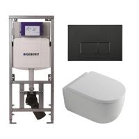 QeramiQ Dely Swirl Toiletset - 36.3x51.7cm - Geberit UP320 Burda inbouwreservoir - 35mm zitting - mat zwarte bedieningsplaat - rechthoekige knoppen - wit mat SW1000767/Sw1026257/0701131/SW706189