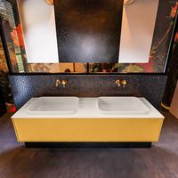 Badkamermeubelset Mondiaz Erin 150 cm met 1 Lade met RIDGE Wastafel Dubbel Linen Zonder Kraangaten Greeploos Mat Ocher