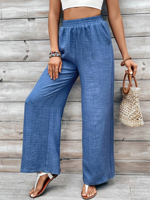 Women's Elastic Waist Baggy Pants Blue Loose Pants With Pockets - thumbnail