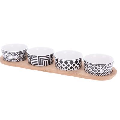 Serveerplank - bamboe - 38 x 10 cm - met 4x luxe porselein schaaltjes