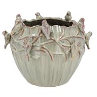 Bloempot/plantenpot Spring birds - mosgroen - keramiek - D26 x H20 cm