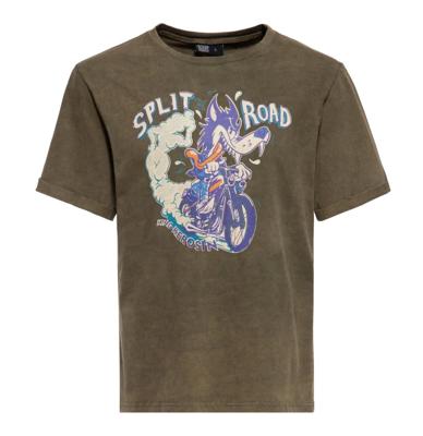 King Kerosin Split Road T-Shirt Oil Washed Deep Green-XXXL