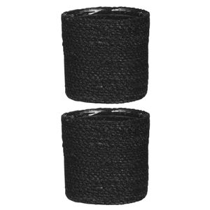 2x stuks naturel zwart rotan planten pot mand van gedraaid jute/riet H14 en D14 cm