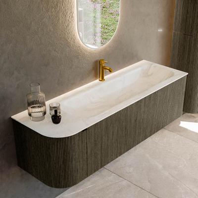 Badmeubel Mondiaz Kurve-Dlux | 145 cm cm | Meubelkleur Shadow | Wastafelkleur Ostra | Solid surface | Wasbak rechter zijde spoelbak | 1 kraangat