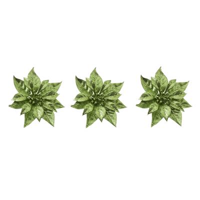 Decoratie bloem - 3x stuks - kerstster - op clip - groen - glitter -18 cm - kunststof - kerstversier