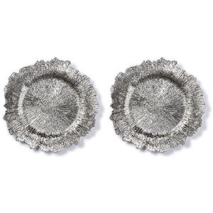 2x Ronde zilveren asymmetrische onderzet borden/kaarsonderzetters 33 cm   -