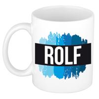 Rolf naam cadeau koffie mok - beker - met blauw verfstrepen - Cadeau collega - vaderdag