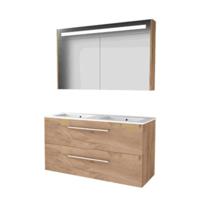 Basic-Line Premium 46 Badkamermeubelset - 120 x 46 cm - Met Grepen - 2 Lades - Keramische Wastafel - 2 Kraangaten - Spiegelkast met LED Verlichting - Whisky Oak