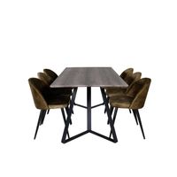 MarinaGRBL eethoek eetkamertafel el hout decor grijs en 6 Velvet eetkamerstal velours groente, zwart.