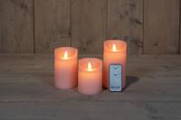 3ST KAARS ROZE WAX RUSTIEK BEWEGENDE VLAM 7,5X10/12,5/15CM AFSTANDSBEDIENING 3X3AAA - Annas collection