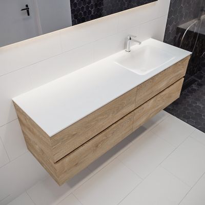 Mondiaz Vica Cloud badmeubel eiken licht 150 cm 4 lades solid surface enkele spoelbak rechts 1 kraangat