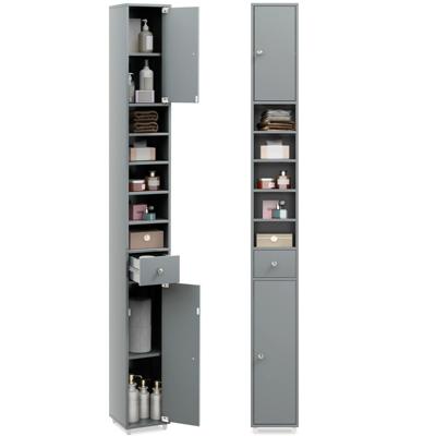 Badkast Hoge Kast Smal Badkamerkast met 2 Deuren en1 Lade Ruimtebesparend Badkamerrek 20 x 20 x 180 cm Llichtgrijs