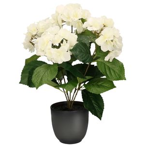 Hortensia kunstplant/kunstbloemen 40 cm - wit - in pot mat zwart