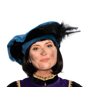Pietbaret fluweel met veer blauw/zwart