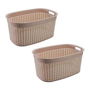 Rotan line wasmand - 2x - beige - inhoud 44 liter - kunststof - 58 x 39 x 27 cm - met handvatten