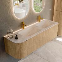 Badmeubel Mondiaz Kurve-Dlux | 145 cm | Meubelkleur Oak | Wastafelkleur Meli | Solid surface | Dubbel / Rechts spoelbak | 2 kraangaten