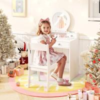 2-In-1 Kinderkaptafelset Kinderkaptafel met Spiegel Open Plank en 4 Laden Kaptafel met Kruk Make-Uptafel voor Kinderen 3+ Wit
